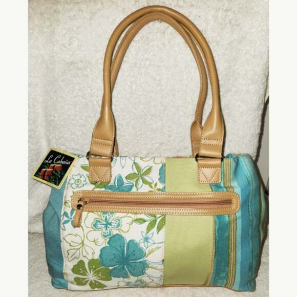 LA CABAÑA NWT X-LARGE, SEAFORM GREEN &TAN SHOULDER HANDBAG, SLIVER TONE HARDWAER - Picture 6 of 8